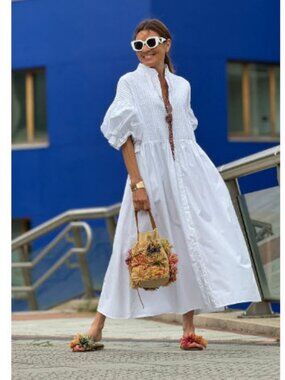 NWT Women Marielle Almelo White (Item-28) Poplin Bohemian Ruched Phoebe Dress OS
